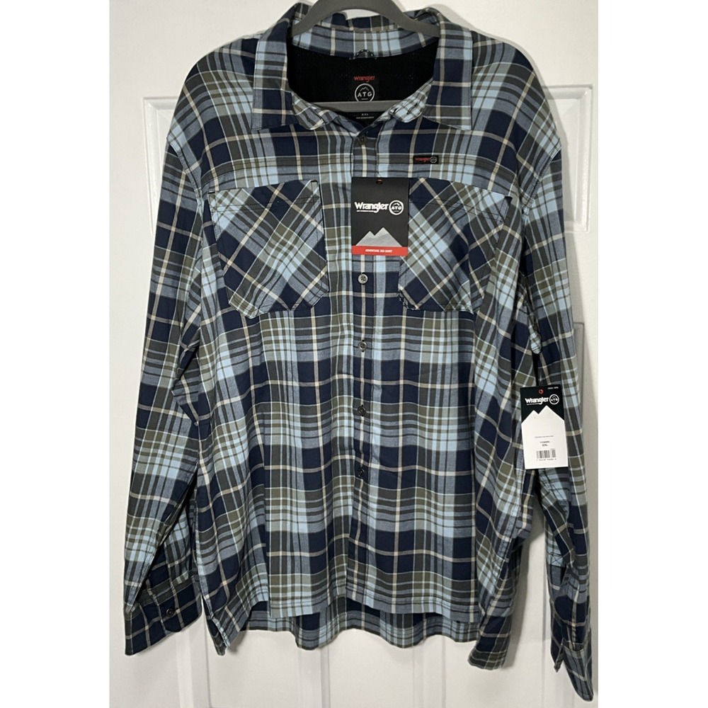 Wrangler ATG Blue Plaid Button Front Outdoor Stretch Long Sleeve Men's XXL